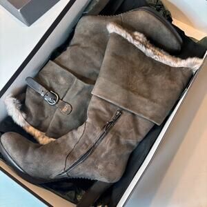 Henry Beguelin Suede Fur Trim Knee High Boots Women's US Sz 9 Brown Buckle Heel